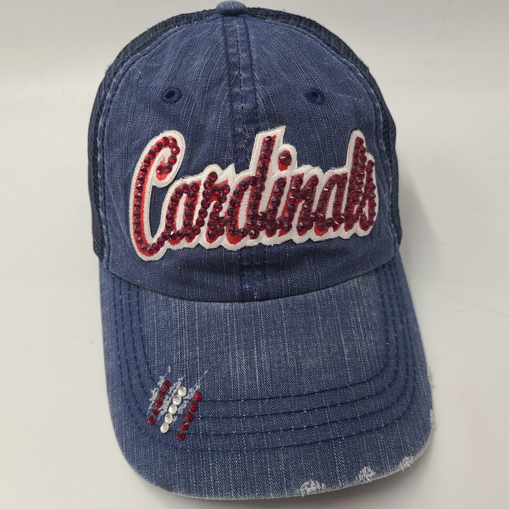 Women St Louis Cardinals Hat‎ Adjustable Trucker Mesh Blue Distressed Bedazzled